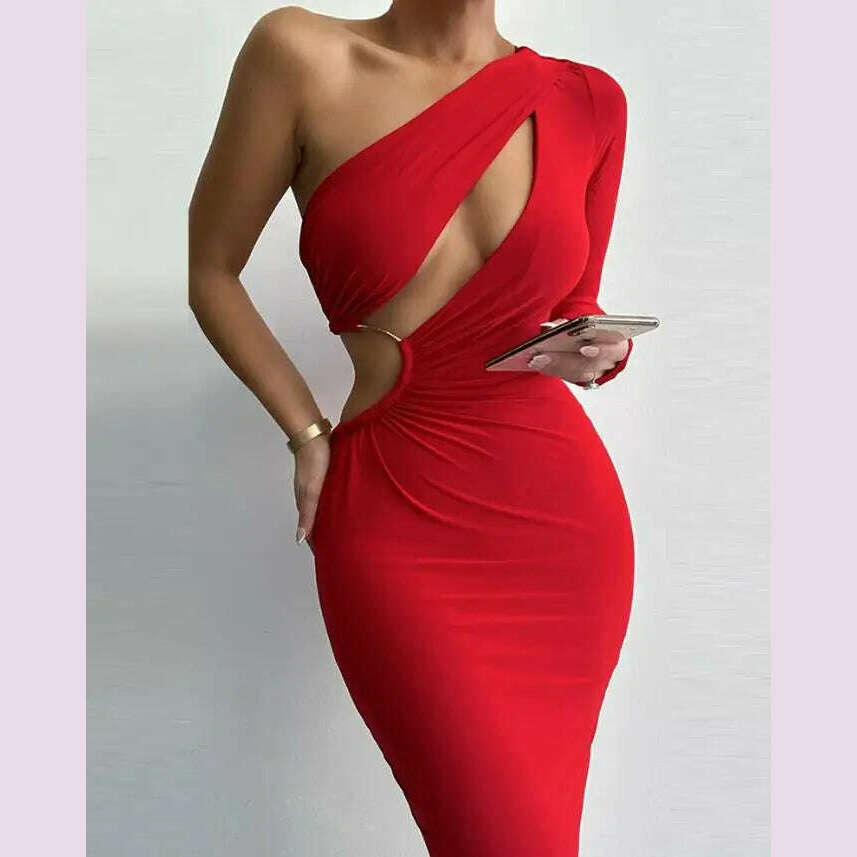 2023 Fashionable New Casual Women's One-Shoulder Hollowed-Out Party Dress - KIMLUD