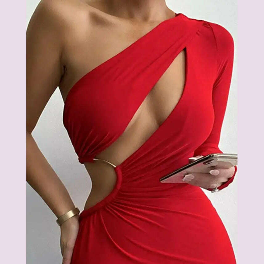 2023 Fashionable New Casual Women's One-Shoulder Hollowed-Out Party Dress - KIMLUD