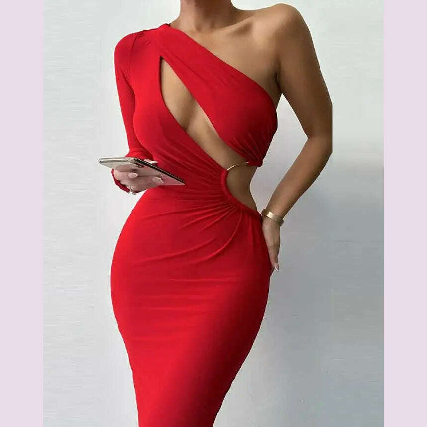 2023 Fashionable New Casual Women's One-Shoulder Hollowed-Out Party Dress - KIMLUD