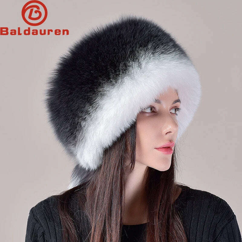 KIMLUD, 2023 Hot Sale Winter Women Fox Fur Hat Fluffy Soviet Female Outdoor Warm Cap Snow Fur Hats 5 tails Real Fox Fur Cold Bomber Hats, KIMLUD Womens Clothes