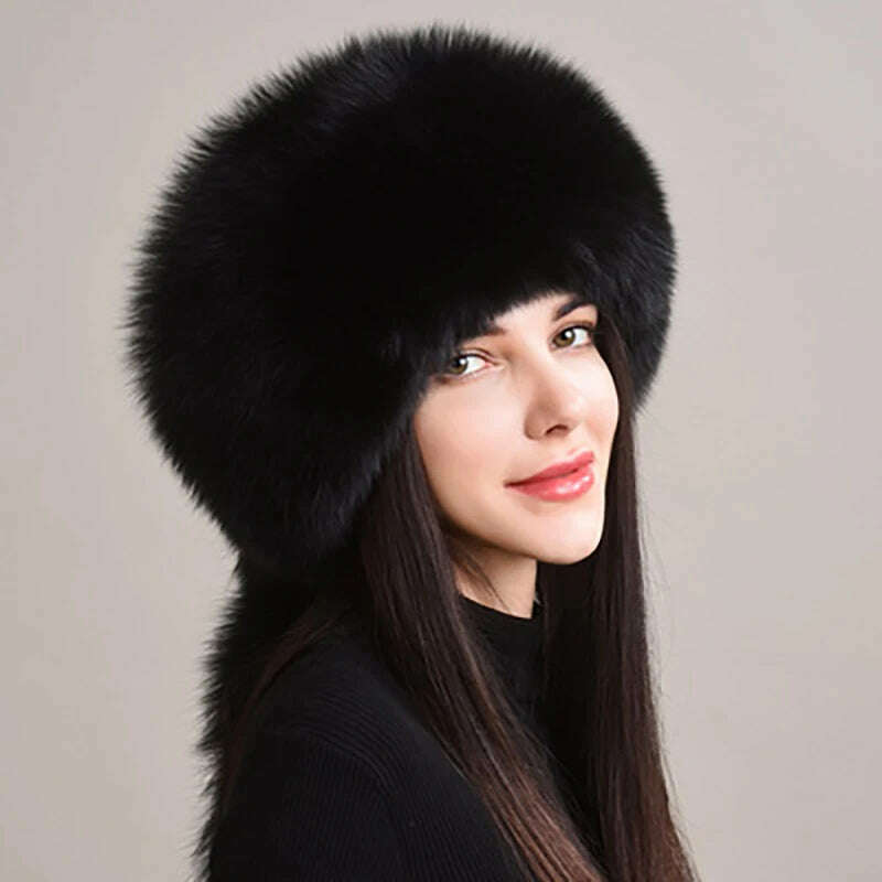 KIMLUD, 2023 Hot Sale Winter Women Fox Fur Hat Fluffy Soviet Female Outdoor Warm Cap Snow Fur Hats 5 tails Real Fox Fur Cold Bomber Hats, KIMLUD Womens Clothes