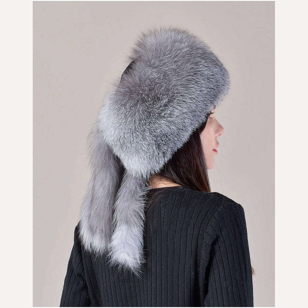 KIMLUD, 2023 Hot Sale Winter Women Fox Fur Hat Fluffy Soviet Female Outdoor Warm Cap Snow Fur Hats 5 tails Real Fox Fur Cold Bomber Hats, KIMLUD Womens Clothes