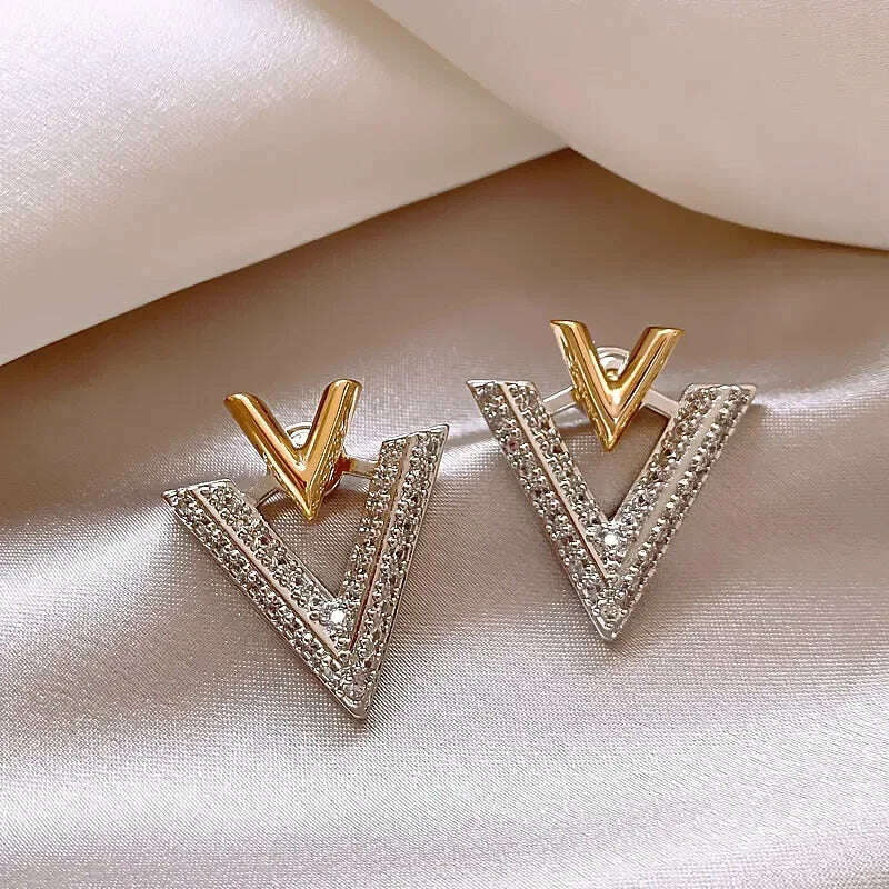 2023 Korea new design fashion jewelry 14K gold plated luxury zircon letter V earrings elegant women's evening party accessories - KIMLUD