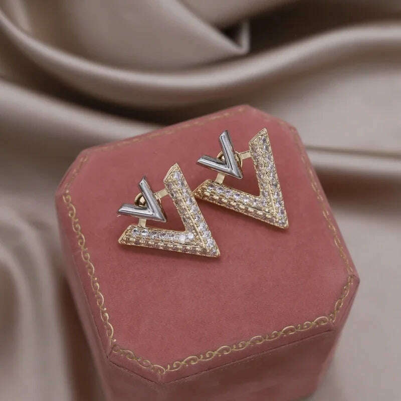 2023 Korea new design fashion jewelry 14K gold plated luxury zircon letter V earrings elegant women's evening party accessories - KIMLUD