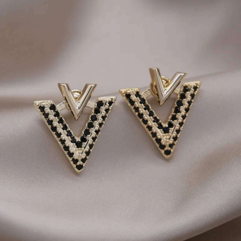 2023 Korea new design fashion jewelry 14K gold plated luxury zircon letter V earrings elegant women's evening party accessories - KIMLUD