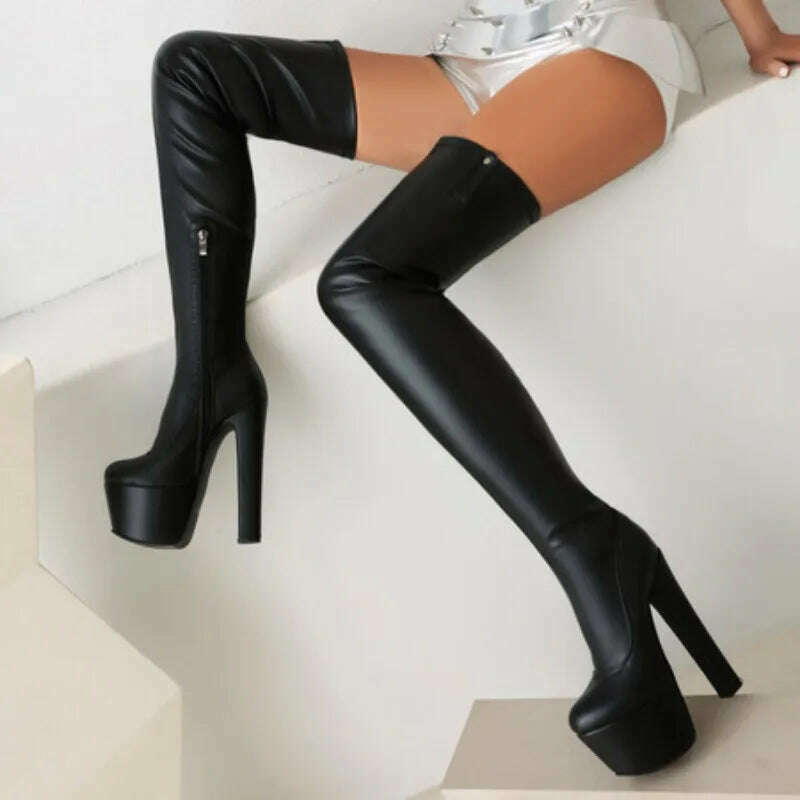 2023 Matte Black Side Zipper Over Knee Boots 35-46 Waterproof Platform Round Head Steel Pipe Dance Boots 17cm Thick Heel Boots - KIMLUD