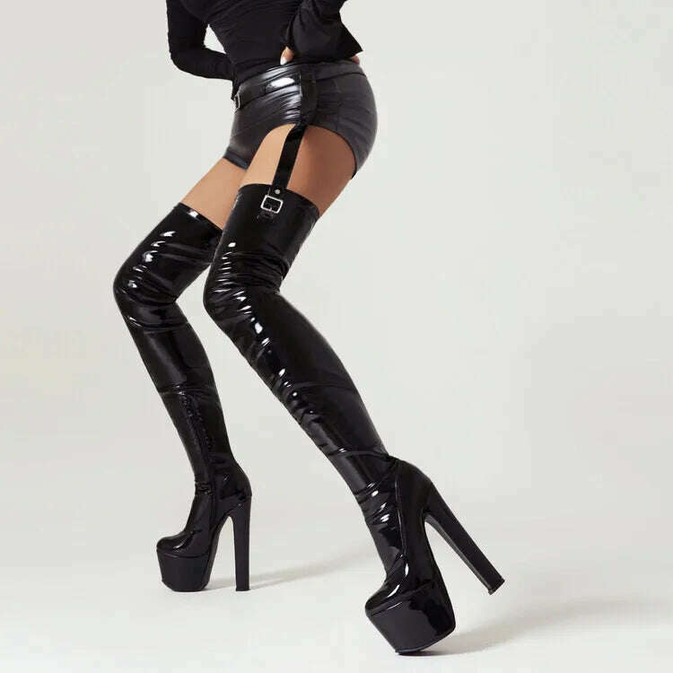 2023 Matte Black Side Zipper Over Knee Boots 35-46 Waterproof Platform Round Head Steel Pipe Dance Boots 17cm Thick Heel Boots - KIMLUD