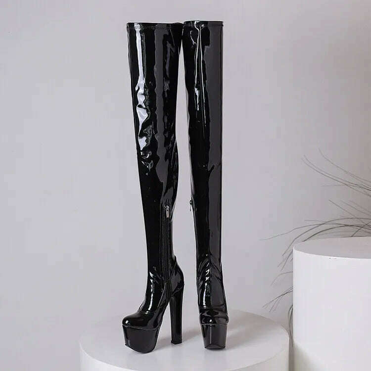 2023 Matte Black Side Zipper Over Knee Boots 35-46 Waterproof Platform Round Head Steel Pipe Dance Boots 17cm Thick Heel Boots - KIMLUD