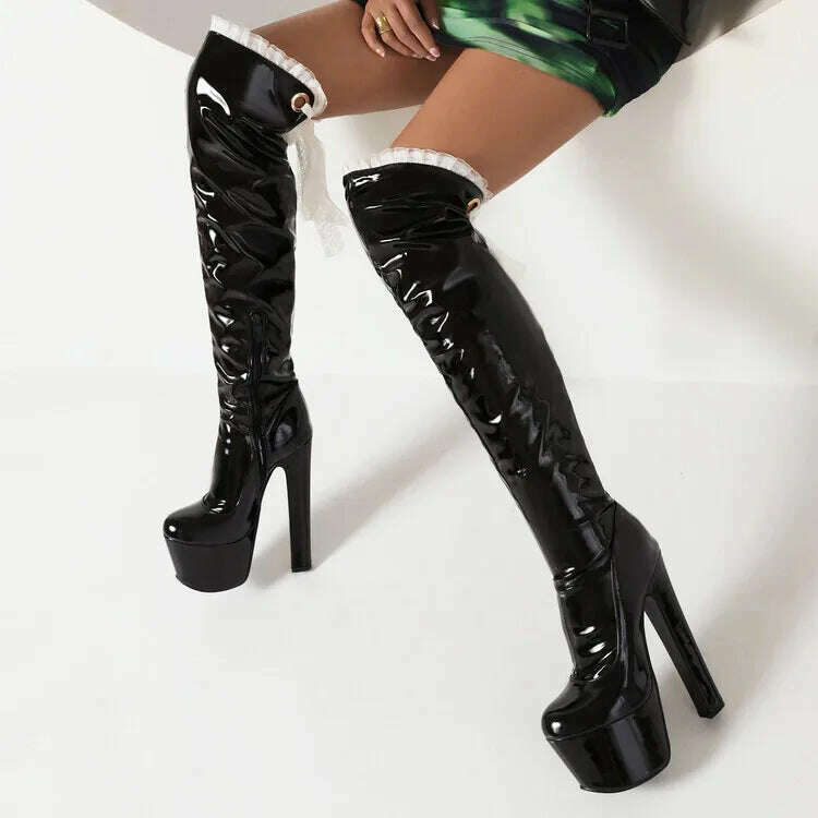 2023 Matte Black Side Zipper Over Knee Boots 35-46 Waterproof Platform Round Head Steel Pipe Dance Boots 17cm Thick Heel Boots - KIMLUD