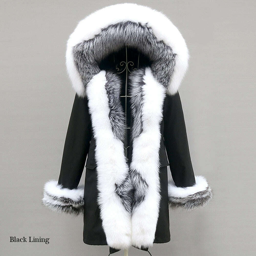 Natural Real Fox Fur Jacke Coat Real Fox Fur Collar Cuff Hooded Coat - KIMLUD