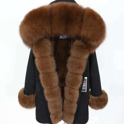 Natural Real Fox Fur Jacke Coat Real Fox Fur Collar Cuff Hooded Coat - KIMLUD