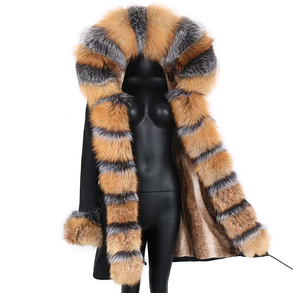 Natural Real Fox Fur Jacke Coat Real Fox Fur Collar Cuff Hooded Coat - KIMLUD