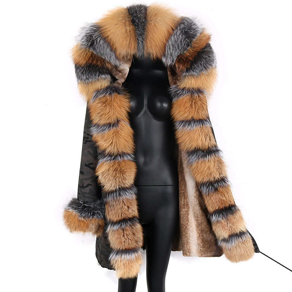 KIMLUD, 2023 Natural Real Fox Fur Jacke Coat Real Fox Fur Collar Cuff Hooded Coat Short Parka Long Camouflage winter jacket, KIMLUD Womens Clothes