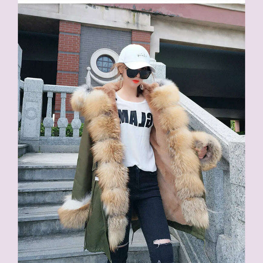 Natural Real Fox Fur Jacke Coat Real Fox Fur Collar Cuff Hooded Coat - KIMLUD