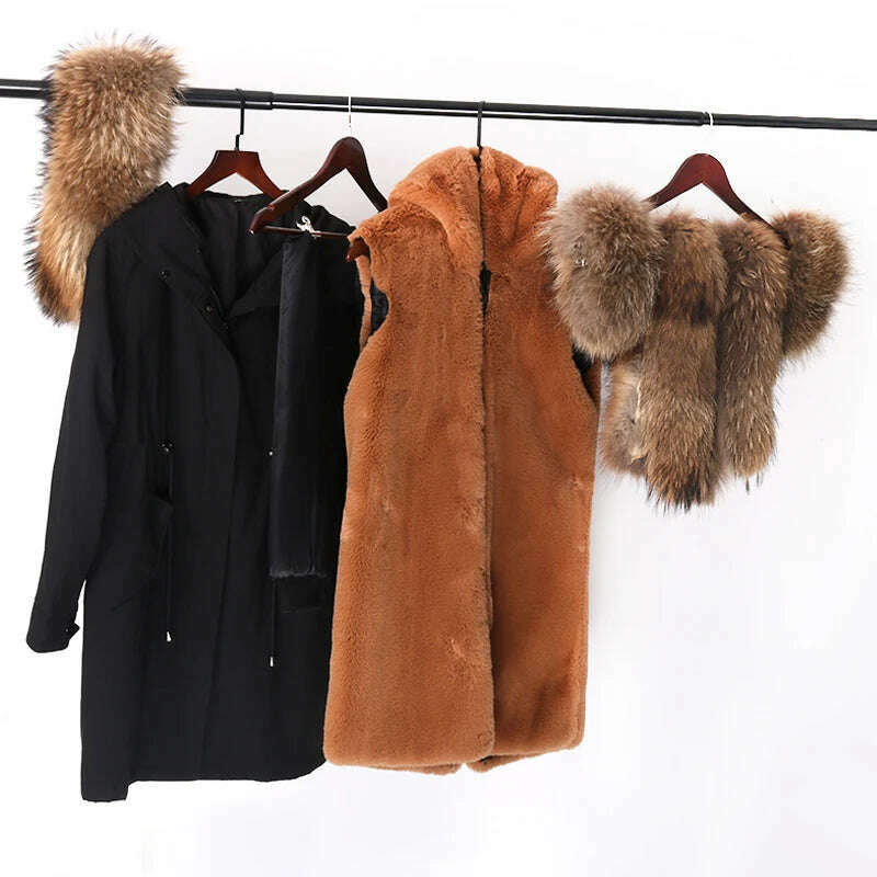 Natural Real Fox Fur Jacke Coat Real Fox Fur Collar Cuff Hooded Coat - KIMLUD