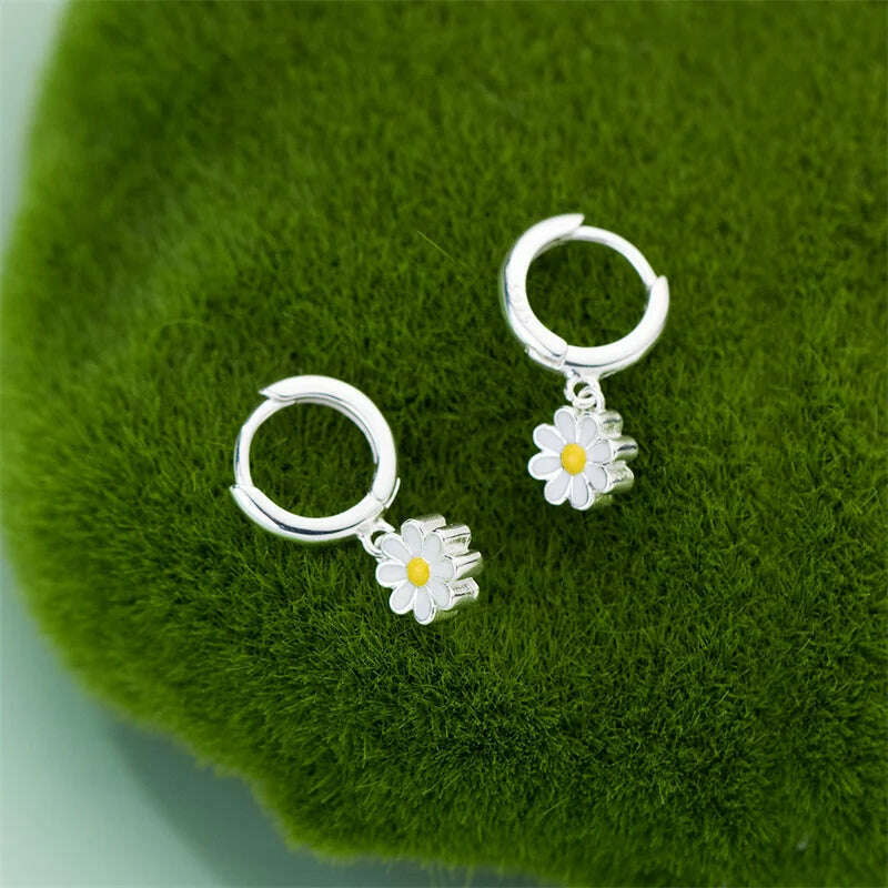 KIMLUD, 2023 New Daisy Flower Pendant Hoop Earrings For Women Korean Sweet Cute Hanging Earrings Girl Wedding Party Jewelry Gift, KIMLUD Womens Clothes