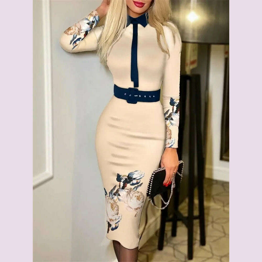 2023 New Dresses For Women Houndstooth Print Long Sleeve Tie Detail Work Dress With Belt Y2k Vestidos Office Lady Elegant Midi - KIMLUD