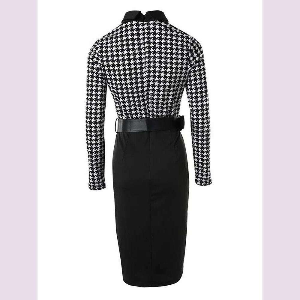 2023 New Dresses For Women Houndstooth Print Long Sleeve Tie Detail Work Dress With Belt Y2k Vestidos Office Lady Elegant Midi - KIMLUD