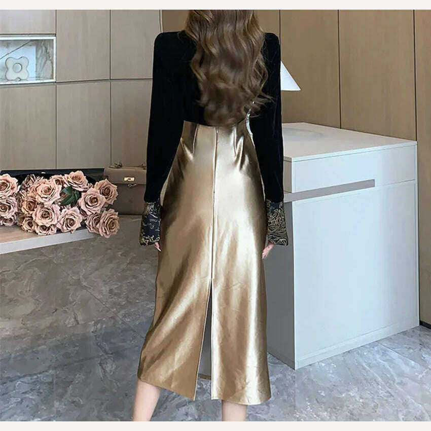 KIMLUD, 2023 New Fashion Autumn Winter Golden Leather Pu Bodycon Skirt Vintage Designer Women High Waist Office Ladies Split Midi Skirt, KIMLUD Womens Clothes