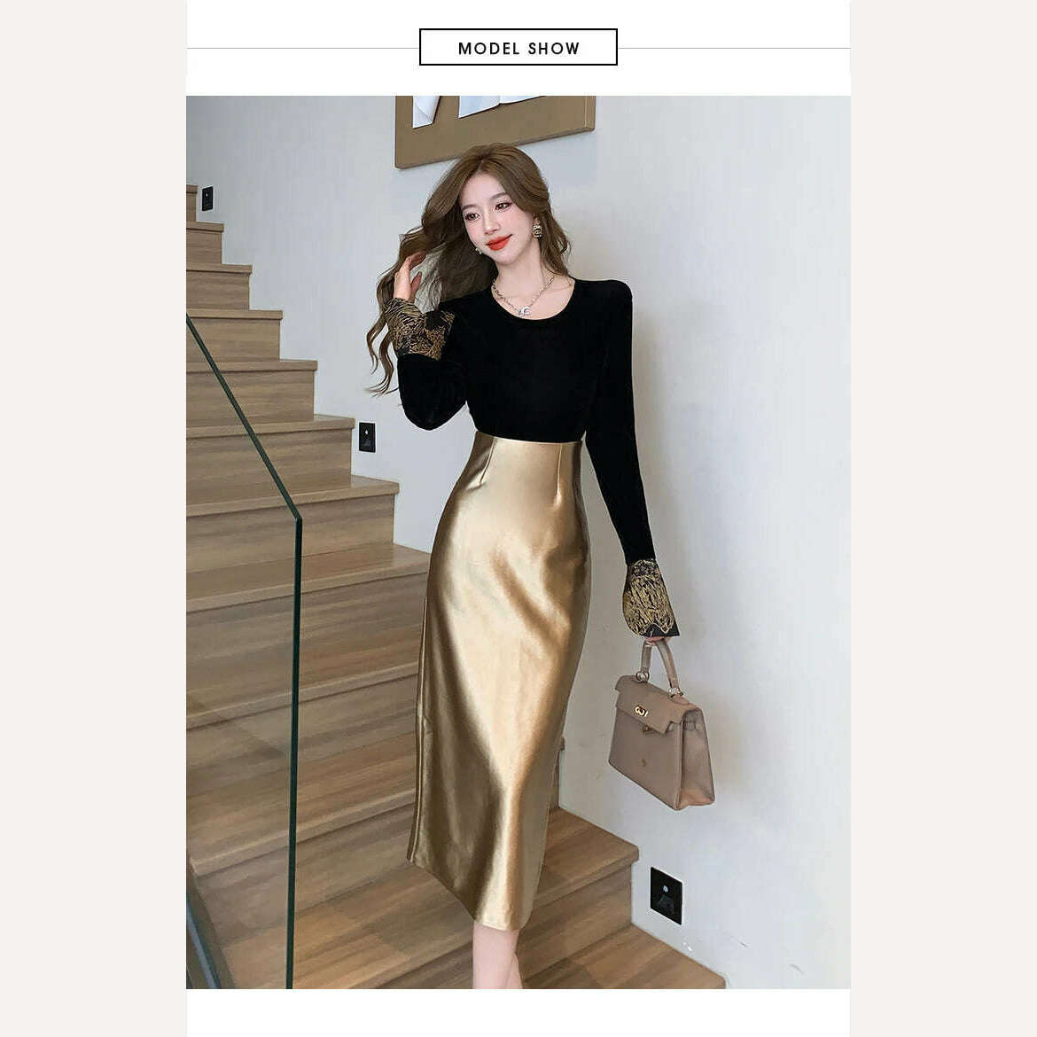 KIMLUD, 2023 New Fashion Autumn Winter Golden Leather Pu Bodycon Skirt Vintage Designer Women High Waist Office Ladies Split Midi Skirt, KIMLUD Womens Clothes