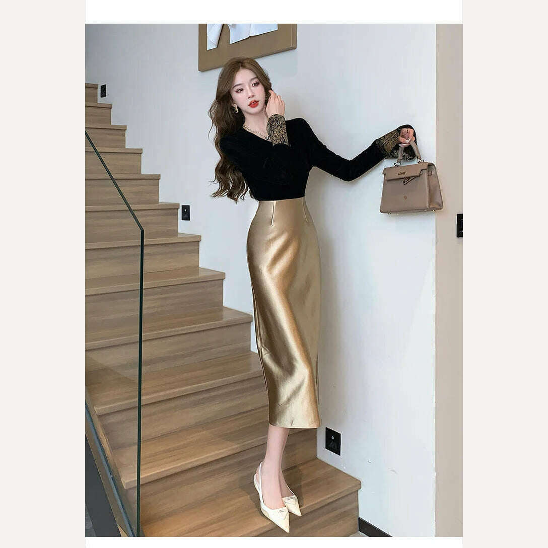 KIMLUD, 2023 New Fashion Autumn Winter Golden Leather Pu Bodycon Skirt Vintage Designer Women High Waist Office Ladies Split Midi Skirt, KIMLUD Womens Clothes