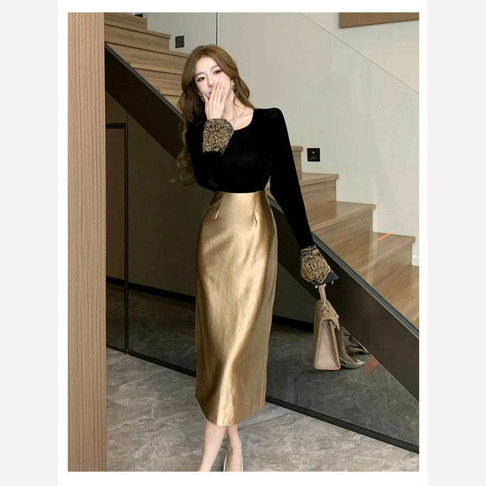 KIMLUD, 2023 New Fashion Autumn Winter Golden Leather Pu Bodycon Skirt Vintage Designer Women High Waist Office Ladies Split Midi Skirt, KIMLUD Womens Clothes