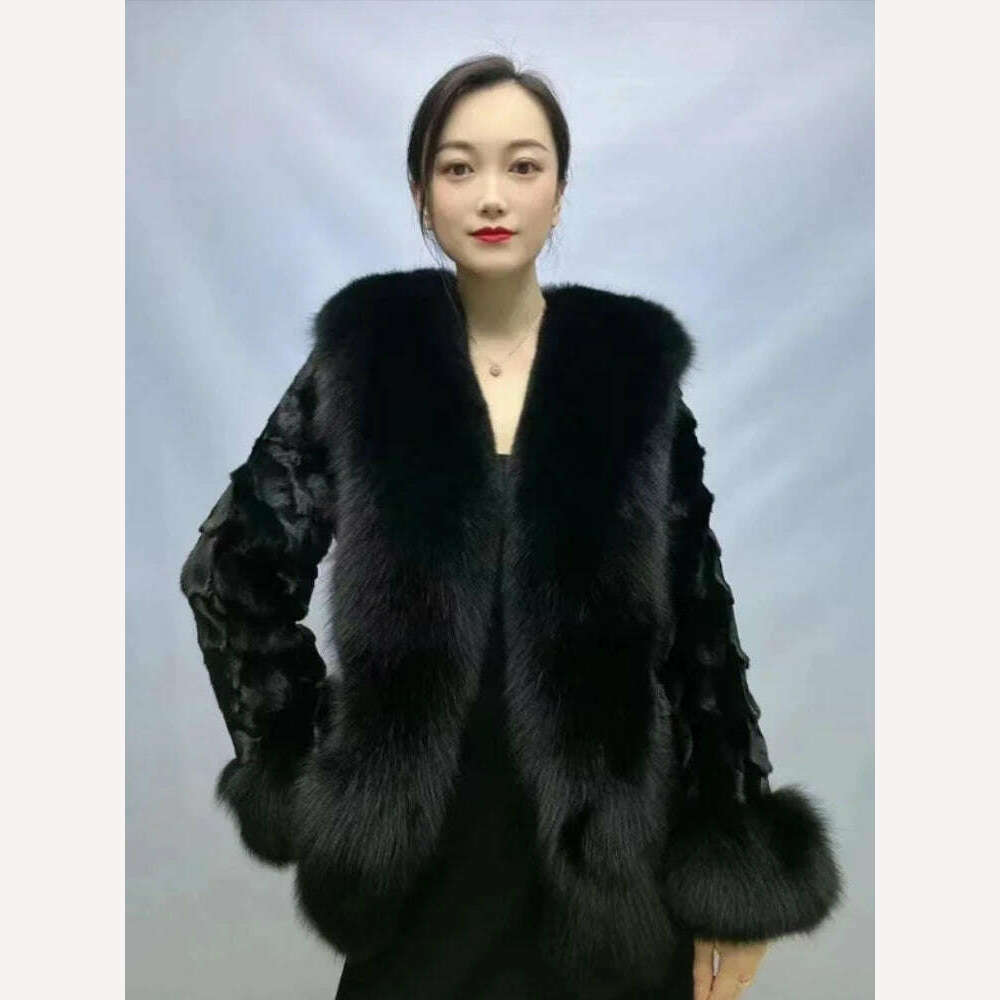 KIMLUD, 2023 New Fashion Winter Women Real Mink Fur Outerwear Big Collar Coat High Quality Luxury Warm Middle Length Cardigan Overcoat, KIMLUD Womens Clothes