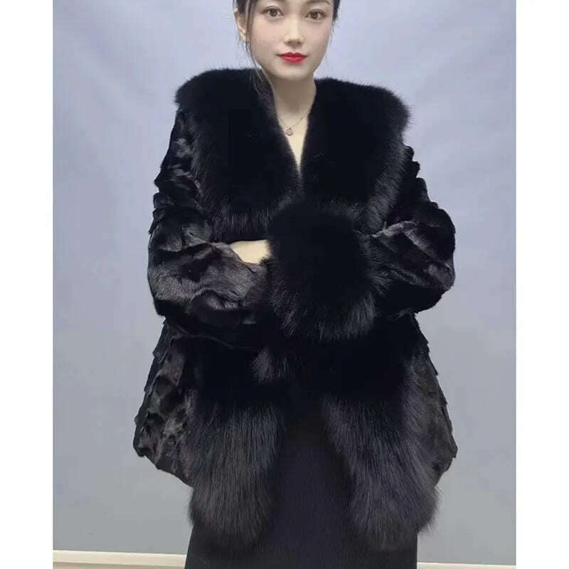 KIMLUD, 2023 New Fashion Winter Women Real Mink Fur Outerwear Big Collar Coat High Quality Luxury Warm Middle Length Cardigan Overcoat, KIMLUD Womens Clothes