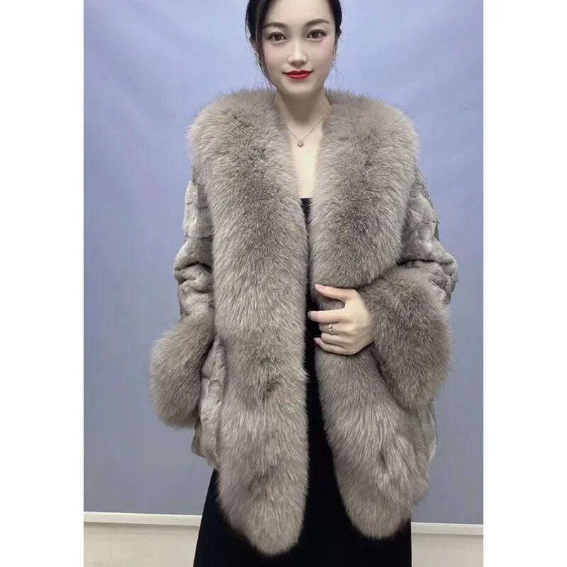 KIMLUD, 2023 New Fashion Winter Women Real Mink Fur Outerwear Big Collar Coat High Quality Luxury Warm Middle Length Cardigan Overcoat, KIMLUD Womens Clothes