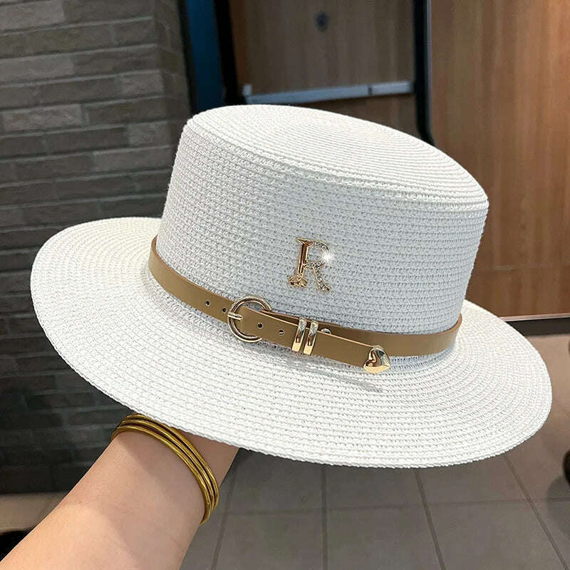 2023 New Metal R Letter Buckle Straw Hat Leisure Summer Sunscreen Hat Women&#39;s Fashionable Beach Hat Vintage Hat Church Hats - KIMLUD