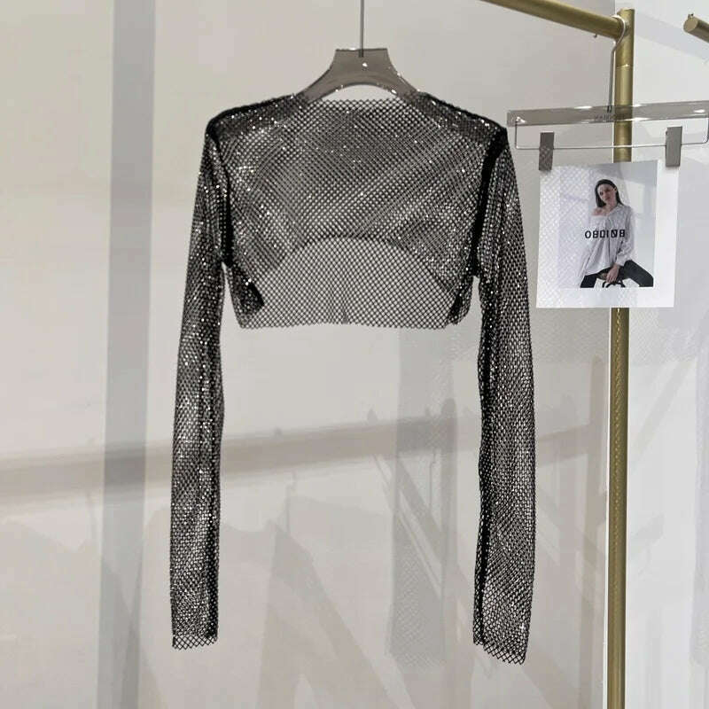 2023 new sexy bright diamond short top Slim thin Ms. hot drill long-sleeved T-shirt sexy leak waist nightclub - KIMLUD