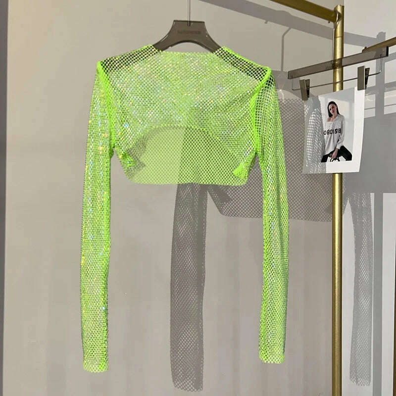 2023 new sexy bright diamond short top Slim thin Ms. hot drill long-sleeved T-shirt sexy leak waist nightclub - KIMLUD