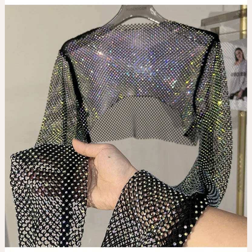 2023 new sexy bright diamond short top Slim thin Ms. hot drill long-sleeved T-shirt sexy leak waist nightclub - KIMLUD