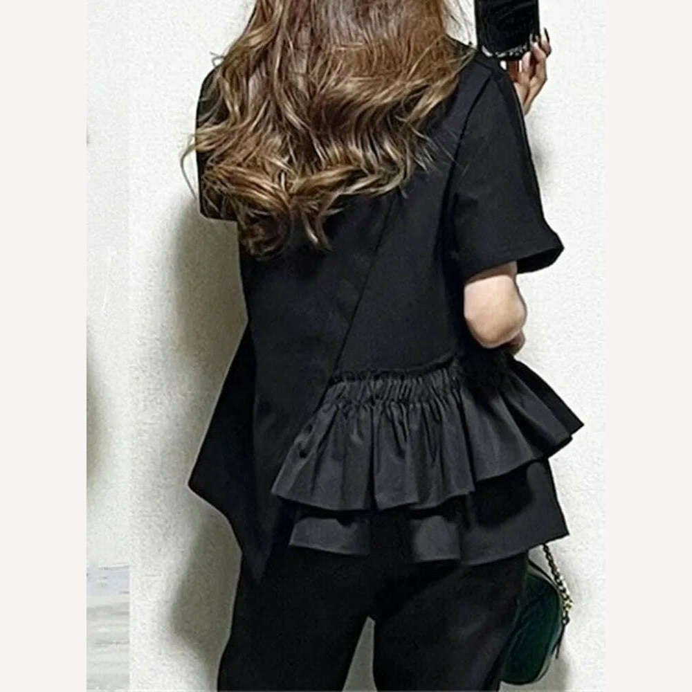 KIMLUD, 2023 New Short Sleeve Tshirts Women Ruffles Patchwork Asymmetrical Fashion T Shirts High Street Casual All-match Tops, KIMLUD Womens Clothes