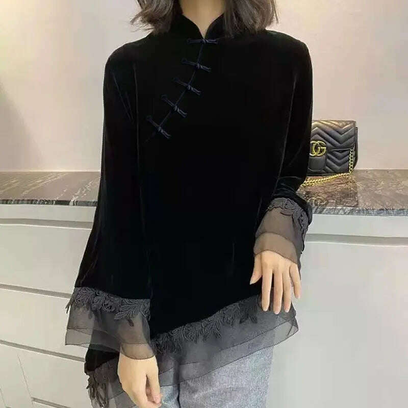 2023 New Spring and Autumn Chinoiserie Style Stand Collar Button Slant Placket Lace Jacquard Long Sleeve Velvet Cheongsam Top - KIMLUD