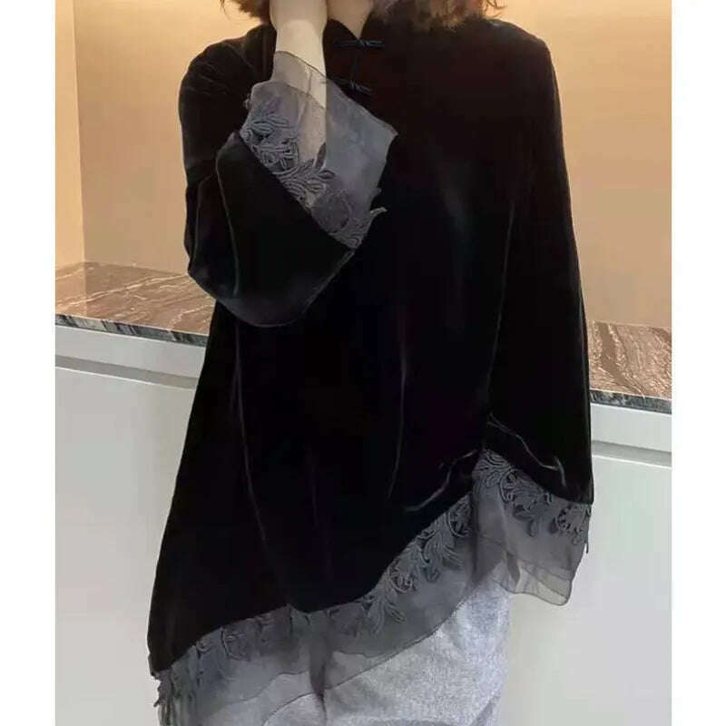 2023 New Spring and Autumn Chinoiserie Style Stand Collar Button Slant Placket Lace Jacquard Long Sleeve Velvet Cheongsam Top - KIMLUD