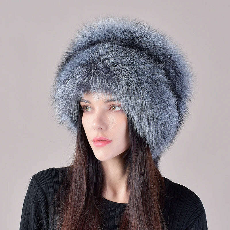 KIMLUD, 2023 New Style Natural Fox Fur Russian Hat Ushanka Women Winter Warm Fluffy Popular Style Female Tail Cap Fashion Real Fur Hats, silver fox fur / Suitable everyone, KIMLUD Womens Clothes