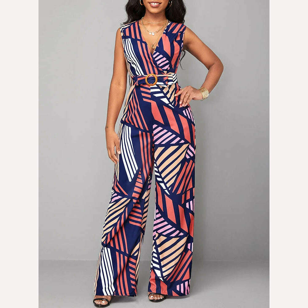 KIMLUD, 2023 New Summer Geometric Printed Sleeveless V-neck Jumpsuit of One Fashion Casual Pieces for Women Elegant Female, KIMLUD Womens Clothes