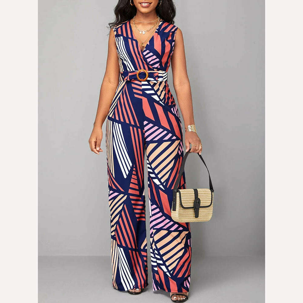 KIMLUD, 2023 New Summer Geometric Printed Sleeveless V-neck Jumpsuit of One Fashion Casual Pieces for Women Elegant Female, KIMLUD Womens Clothes