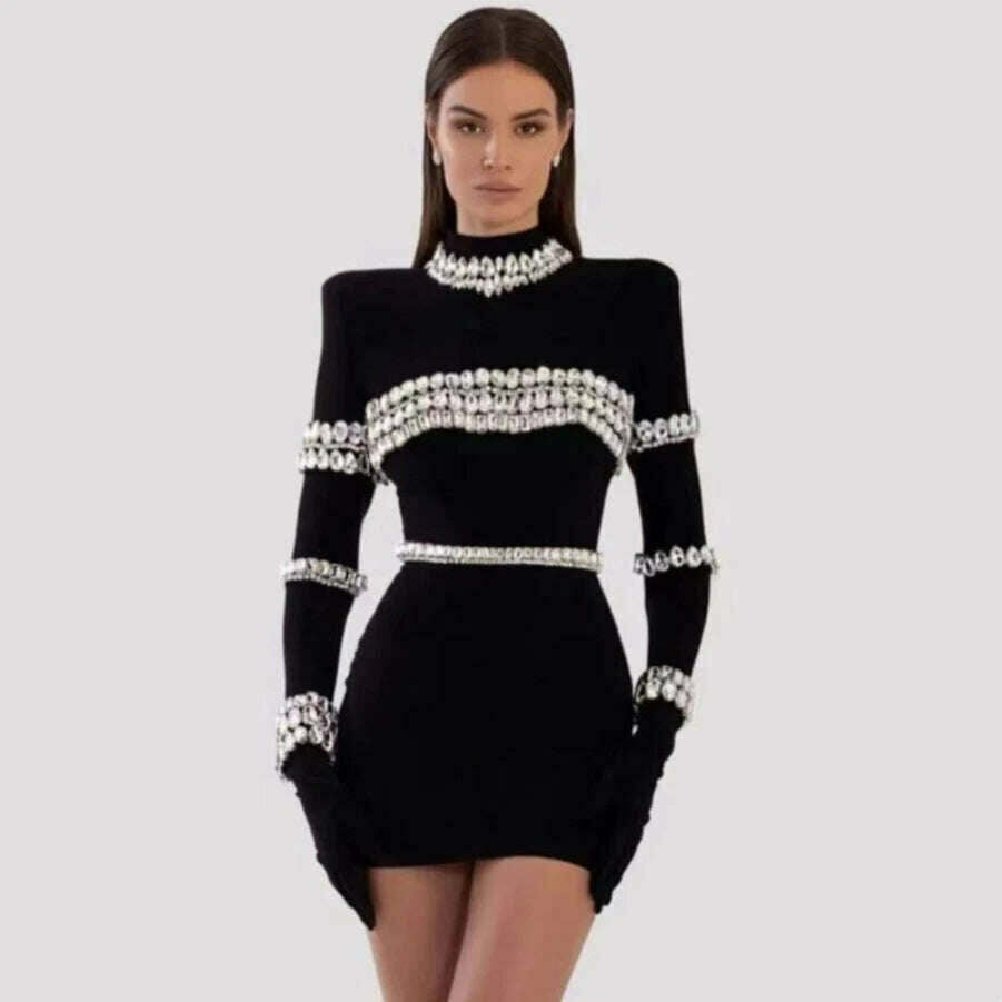 KIMLUD, 2023 New Summer Women Black Color Long Sleeve High Neck Beading Bandage Mini Bodycon Dresss Evening Party Dress, Black / XS, KIMLUD Womens Clothes