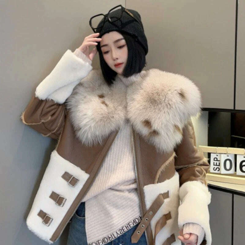 KIMLUD, 2023 New Winter and Autumn Street Fashion Women's Real Natural Merino Sheep Fur Coat Genuine Jacket Fox Fur Collar Warm Female, KIMLUD Womens Clothes