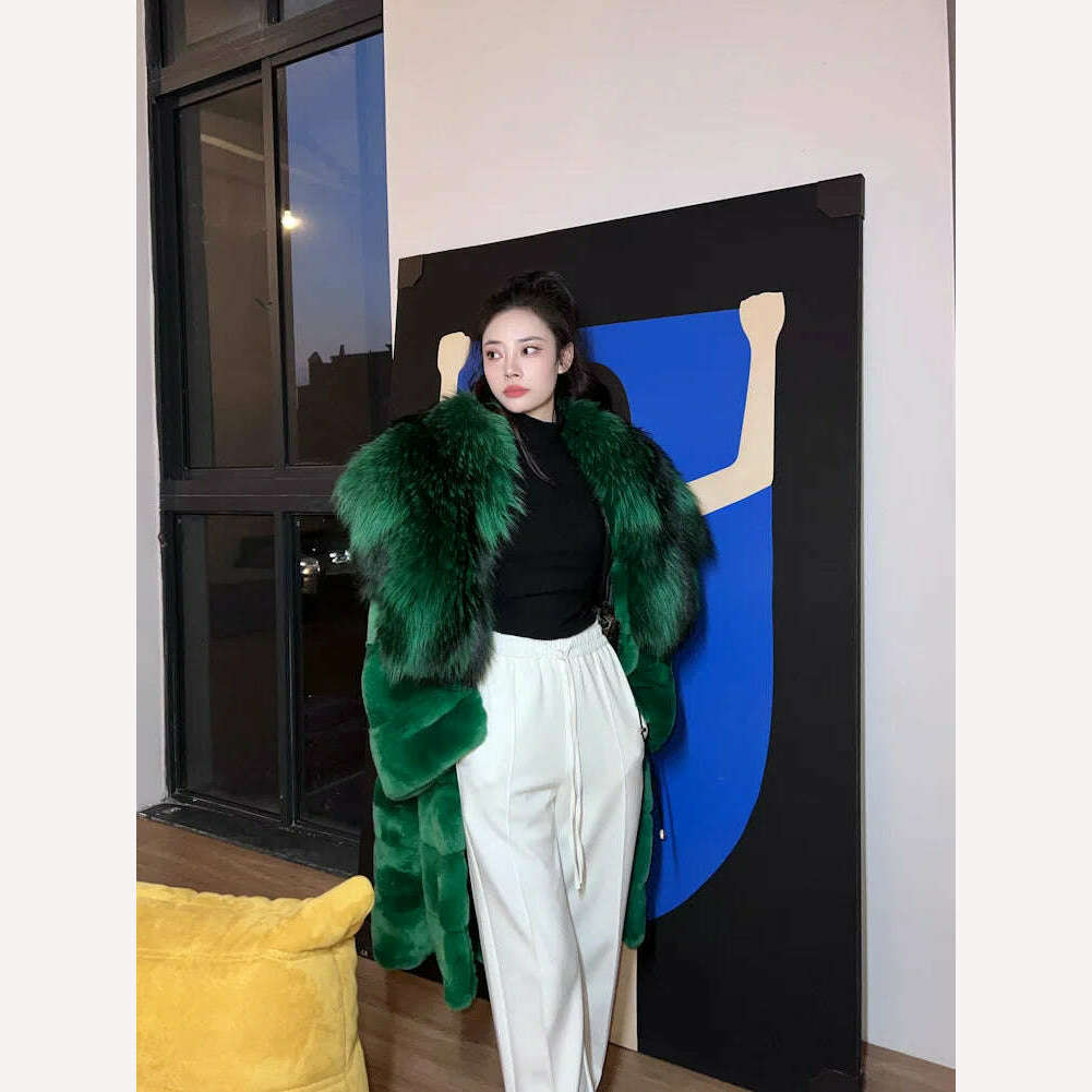 KIMLUD, 2023 New Winter Women Real Rex Rabbit Fur Coat Long Luxury Jacket with Super Large Raccoon Fur Collar Ladies Fashion Overcoat, KIMLUD Womens Clothes