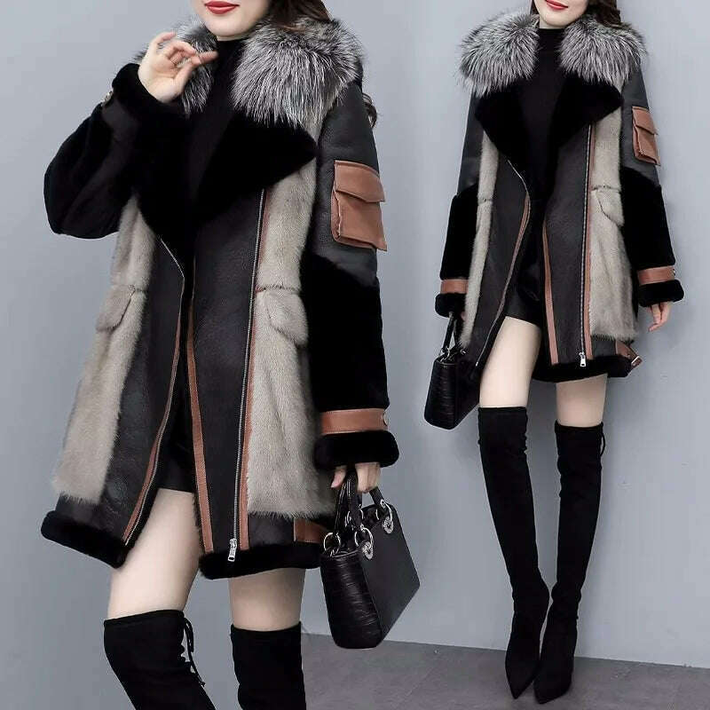 2023 New Women's Winter Fashion Fur Coat Women's Korean Loose Spliced Fox Fur Collar Warm Coats Female Long Parker Overcoat - KIMLUD