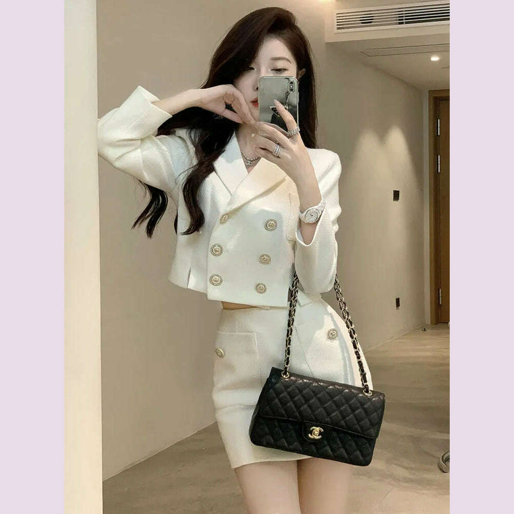 KIMLUD, 2023 Retro Double Breasted Short Women Blazer + High Waist Sexy Mini Skirt Set High Quality Autumn Long Sleeve 2 Pieces Set, KIMLUD Womens Clothes