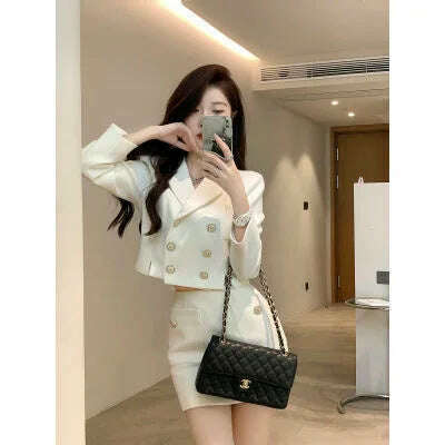 KIMLUD, 2023 Retro Double Breasted Short Women Blazer + High Waist Sexy Mini Skirt Set High Quality Autumn Long Sleeve 2 Pieces Set, White Suit / S, KIMLUD APPAREL - Womens Clothes