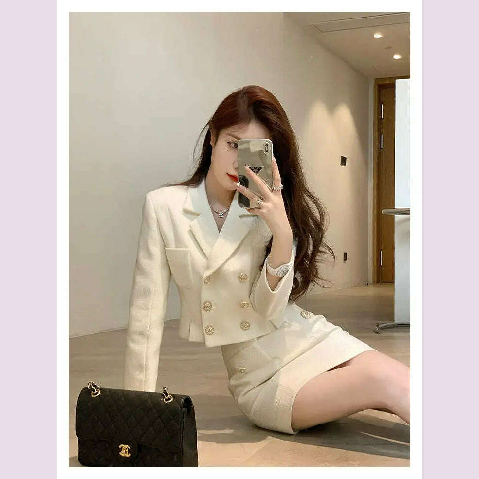 KIMLUD, 2023 Retro Double Breasted Short Women Blazer + High Waist Sexy Mini Skirt Set High Quality Autumn Long Sleeve 2 Pieces Set, KIMLUD Womens Clothes