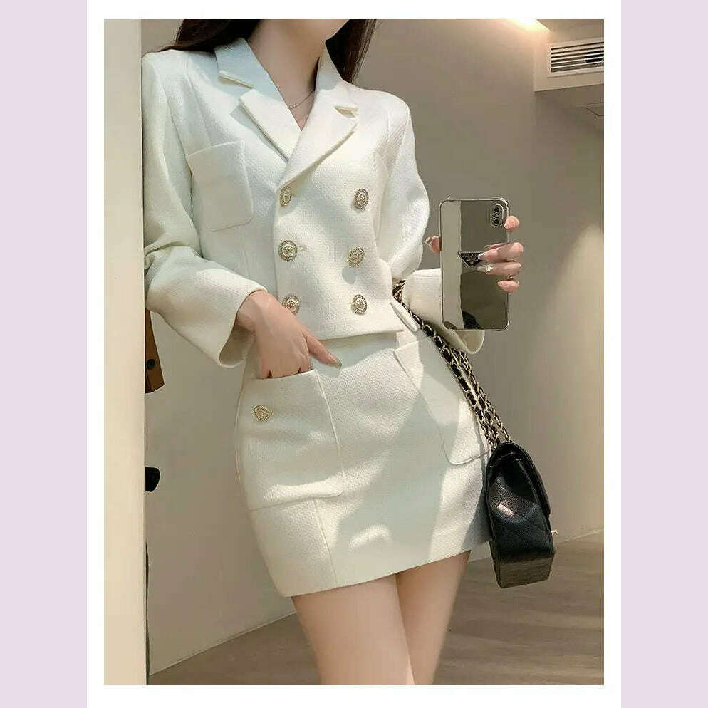 KIMLUD, 2023 Retro Double Breasted Short Women Blazer + High Waist Sexy Mini Skirt Set High Quality Autumn Long Sleeve 2 Pieces Set, KIMLUD Womens Clothes