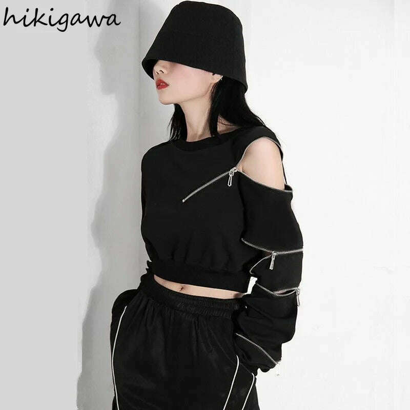 2023 Ropa Mujer Cropped Tops Fashion Hoodies Women O-neck Long Sleeve Zipper Pullovers Chic Hollow Out Sexy Korean Sweatshirt - KIMLUD