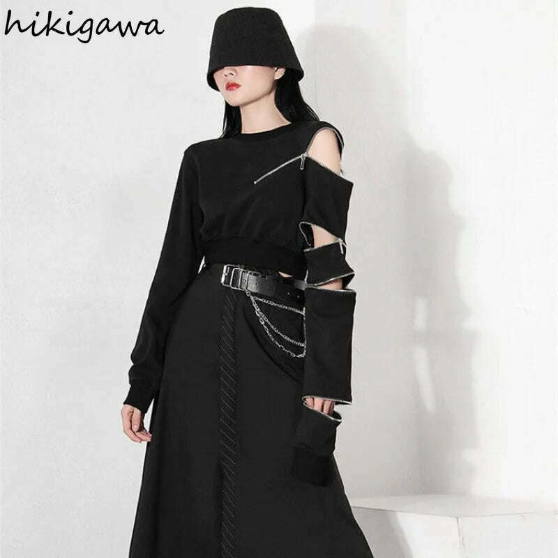 2023 Ropa Mujer Cropped Tops Fashion Hoodies Women O-neck Long Sleeve Zipper Pullovers Chic Hollow Out Sexy Korean Sweatshirt - KIMLUD