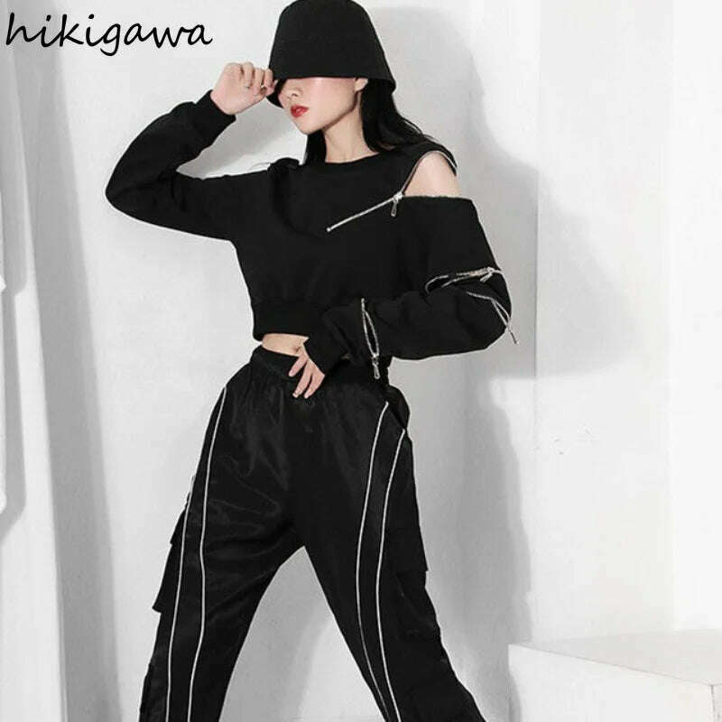 2023 Ropa Mujer Cropped Tops Fashion Hoodies Women O-neck Long Sleeve Zipper Pullovers Chic Hollow Out Sexy Korean Sweatshirt - KIMLUD